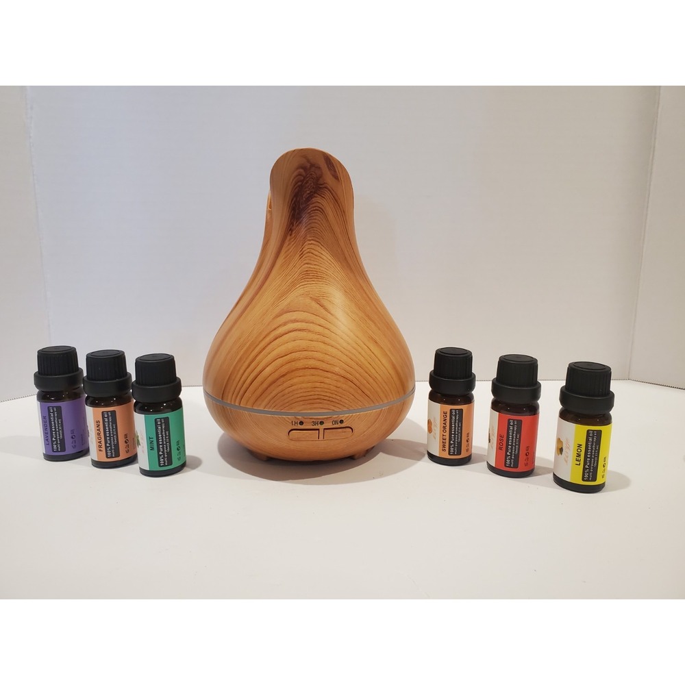 NIB / Tested Working – 7-Color LED Aroma Diffuser – Wood Grain – Oils Included
